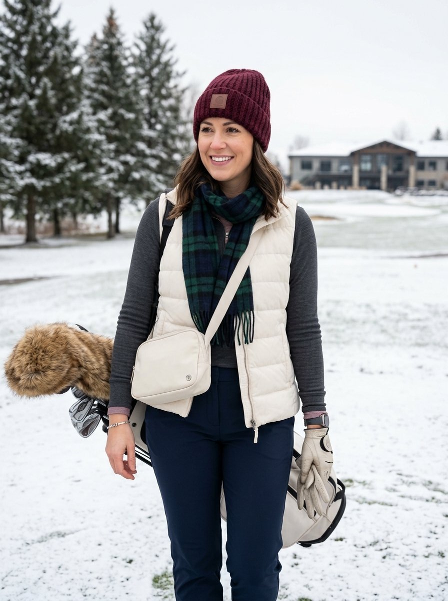 Smiling woman in burgundy beanie and white vest carrying golf clubs on a snowy golf course.