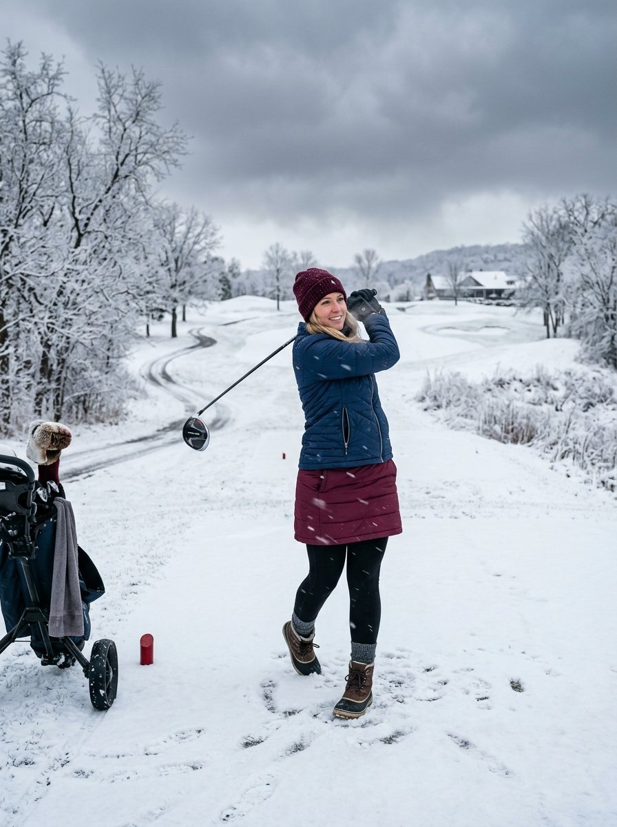 A smiling woman in a winter jacket and beanie finishes a golf swing on a snowy fairway with her clubs nearby.