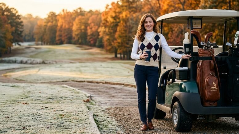 A woman wearing an argyle sweater vest stands next to a golf cart on a frost-covered course at sunrise.