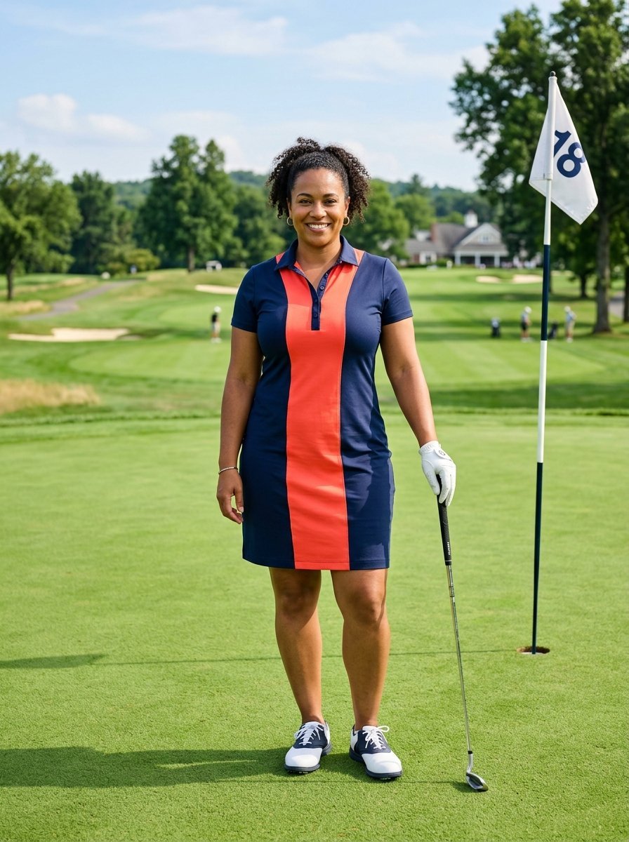 A woman in a navy and orange golf dress standing on a green next to the 18th hole flag.