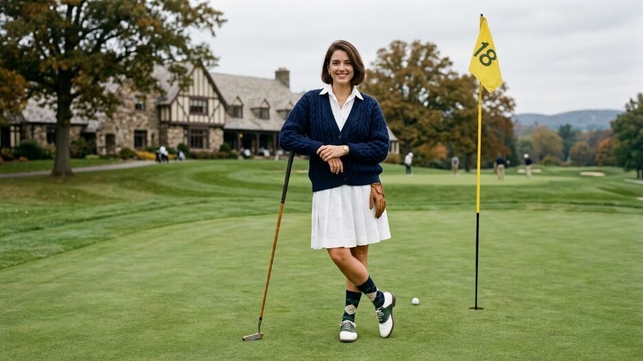Smiling woman in a navy cardigan and white skirt poses on a green by a yellow eighteen flag stick.