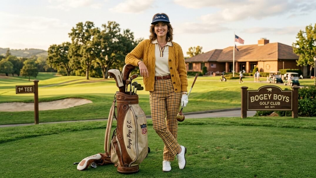 A golfer wearing a yellow cardigan and plaid trousers poses next to a classic leather golf bag on a green course.