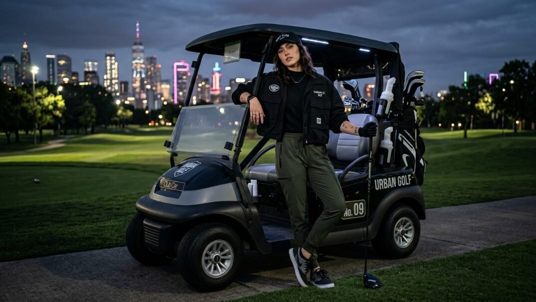 Young woman in black jacket and cap standing by a golf cart on a course at twilight with Dallas skyline in background.