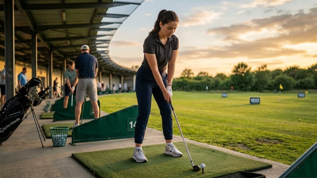 A young woman in athletic wear preparing to hit a golf ball on a driving range mat during late afternoon.