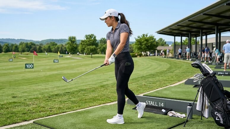 Woman in a striped polo and white cap hitting a golf ball from a stall at a practice range.
