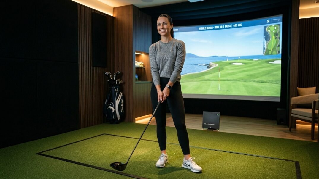 Young woman holding a golf club on artificial turf in front of a digital course projection screen.
