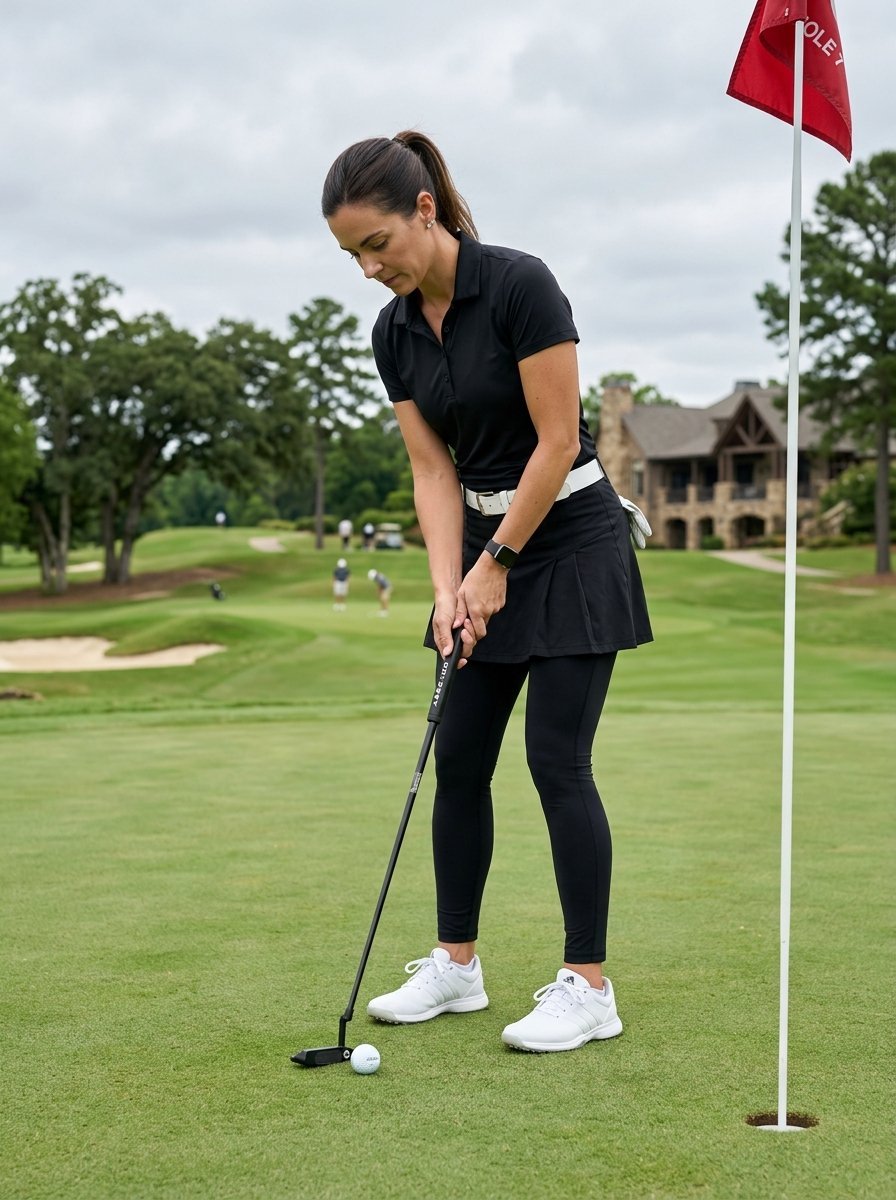 A woman in black athletic wear stands on a golf green preparing to hit a golf ball with a putter near the flag.
