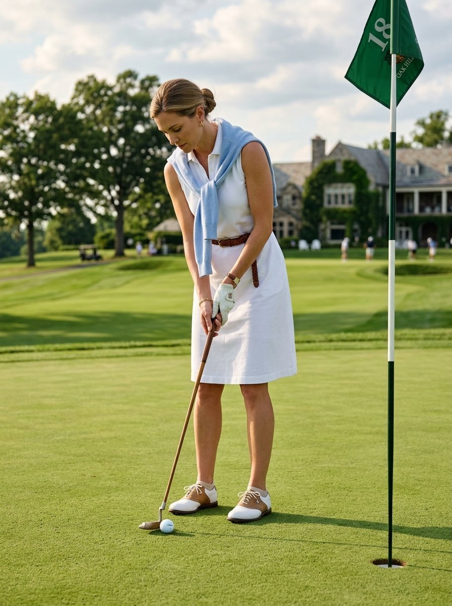 A woman in a white dress and blue sweater putting on a golf green near the eighteenth hole flag.