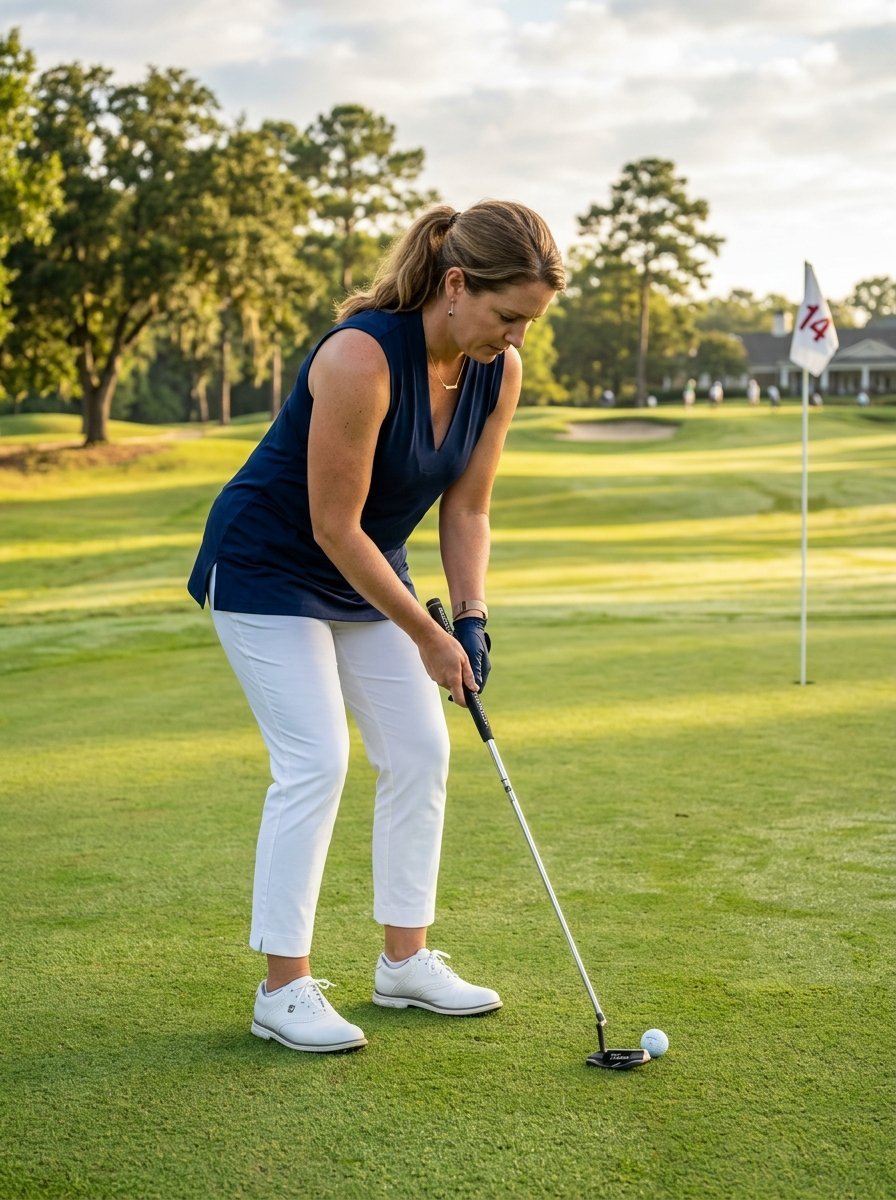 A woman in a navy shirt and white pants preparing to hit a golf ball towards the hole on a sunny course.