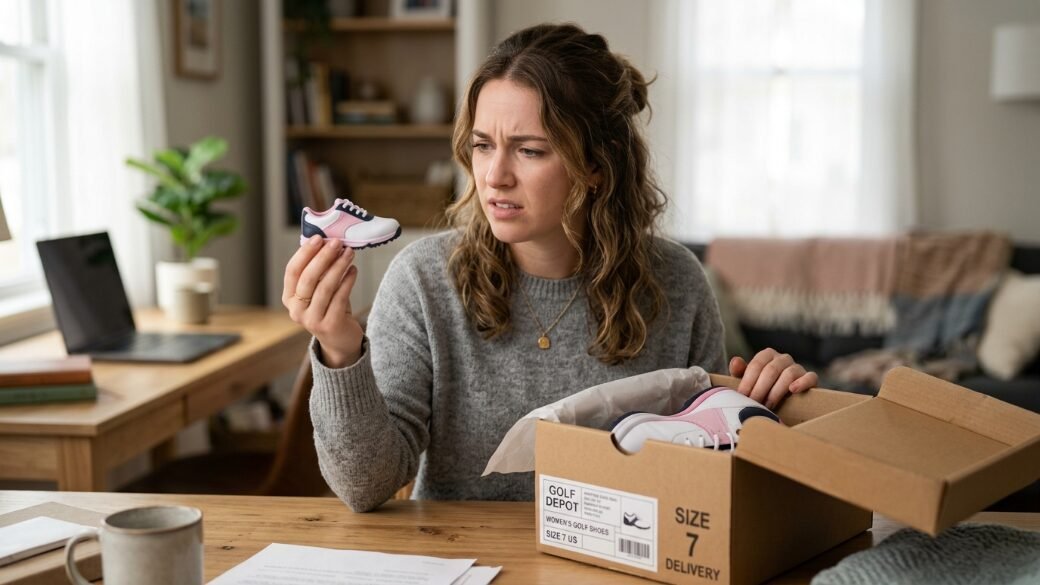 A woman looks puzzled while holding a doll-sized pink and white golf shoe that arrived in a delivery box.
