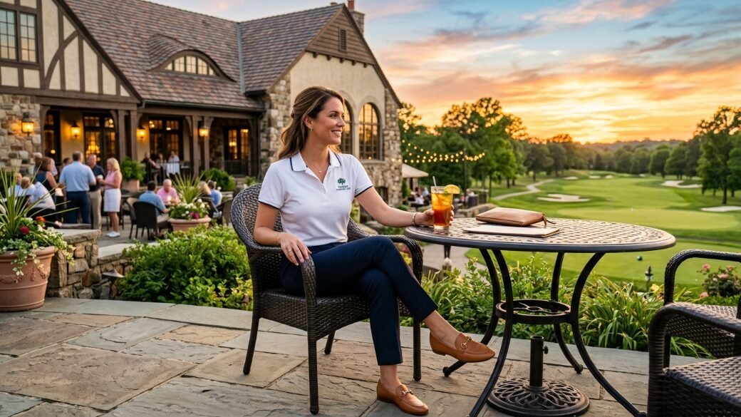 A woman in a polo shirt sits at an outdoor table with a glass of iced tea overlooking a golf course at dusk.