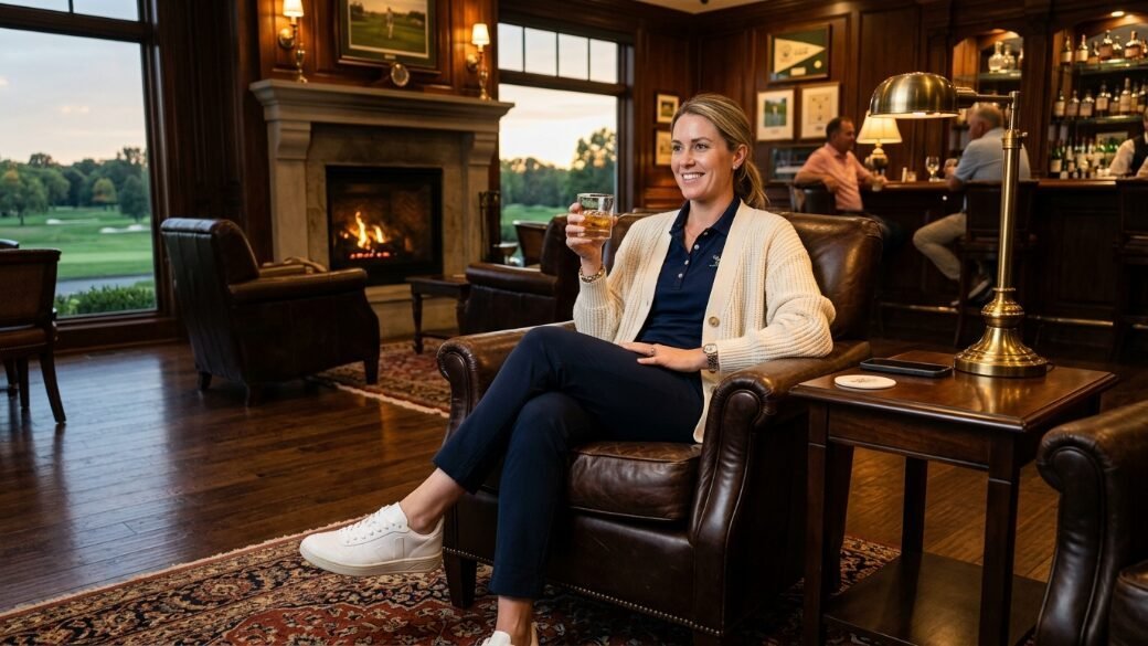 Smiling woman in a cardigan holding a whiskey glass while sitting in a leather chair by a fireplace.