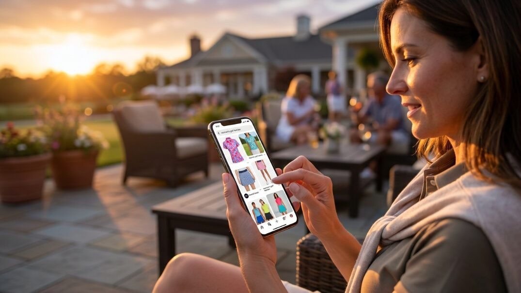 Close-up of a woman's hands holding a phone displaying a shopping app with golf apparel outfits.