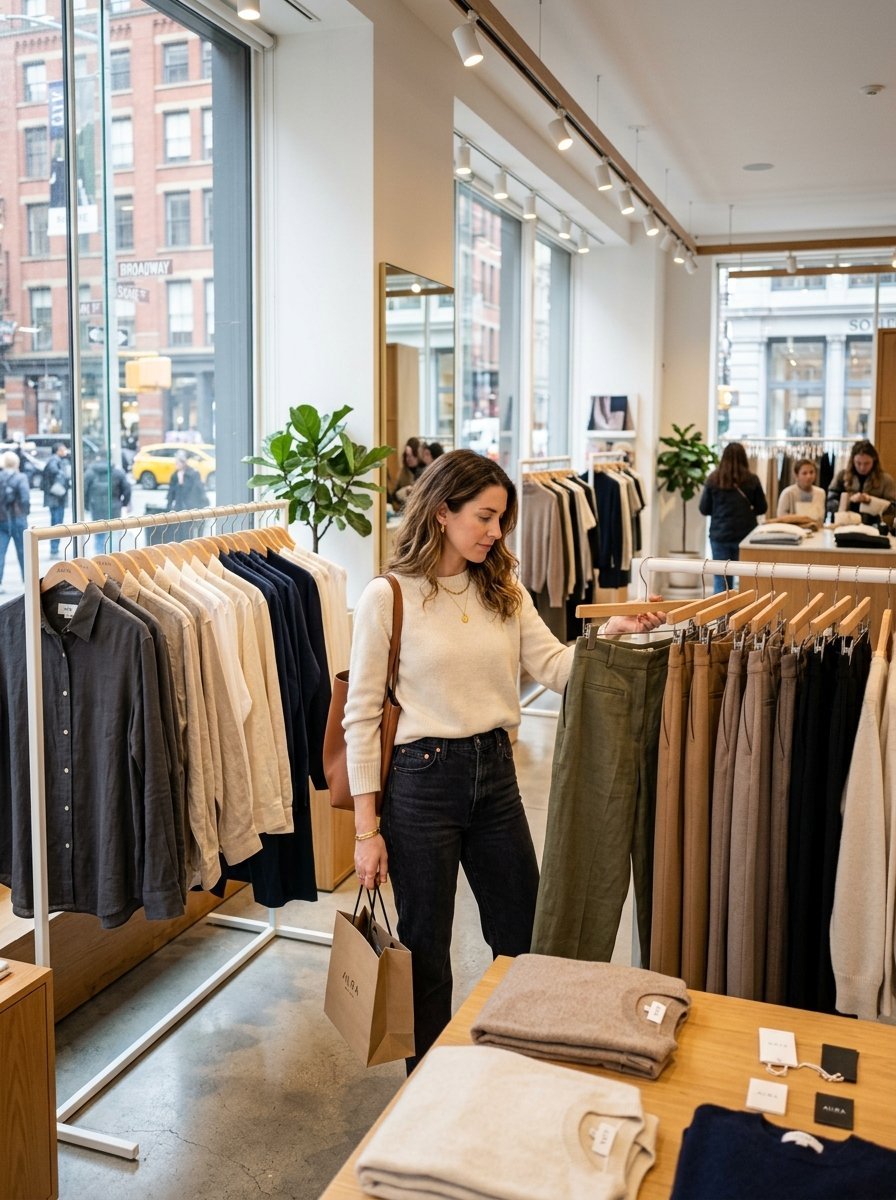Woman wearing cream sweater browsing clothing rack in a bright modern fashion store.