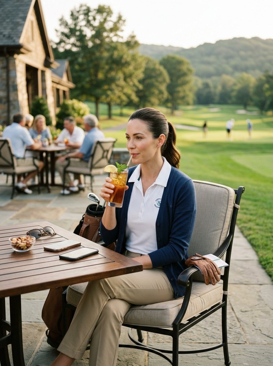 A woman in a navy cardigan drinks iced tea while sitting at an outdoor table overlooking a sunny golf course.