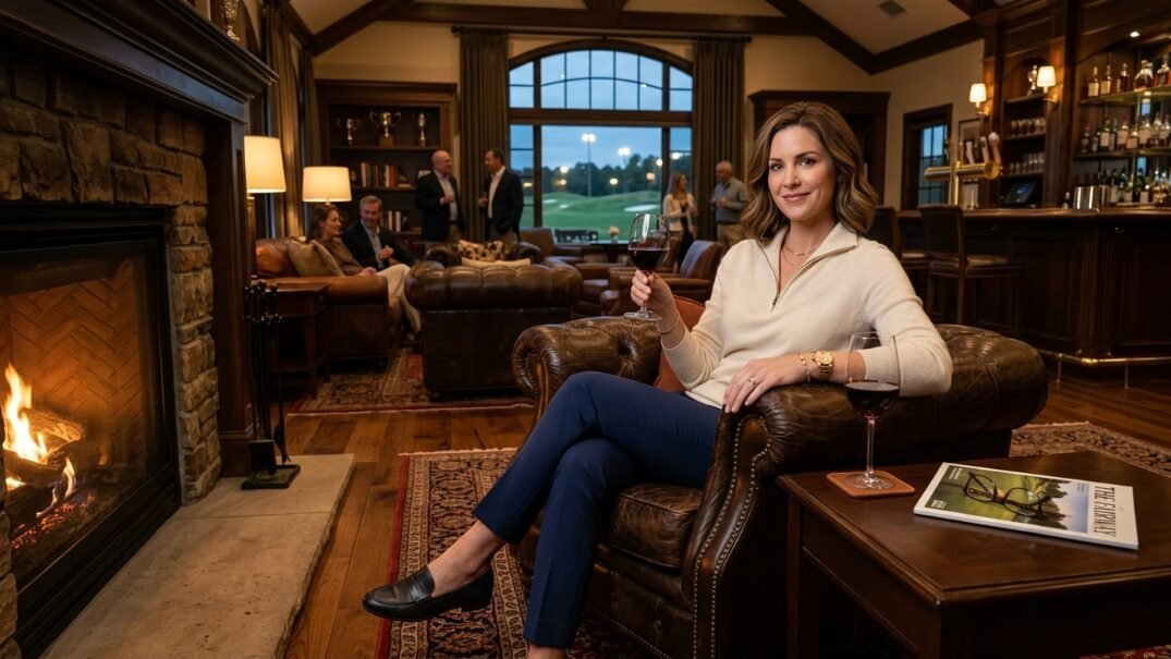 A woman holding a glass of red wine while sitting in a leather armchair by a fireplace at a golf club.