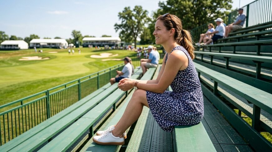Side profile of a smiling woman sitting on green stadium bleachers at a golf course.