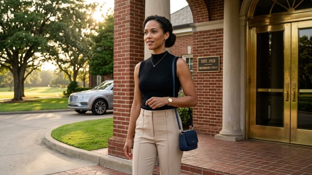 Professional woman in a black sleeveless top and tan trousers carrying a navy crossbody bag outdoors.