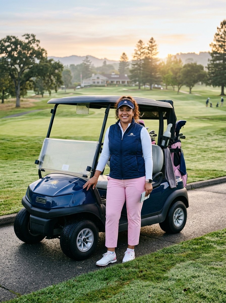 A smiling woman in a navy vest and pink pants stands beside a blue golf cart on a green course during golden hour.