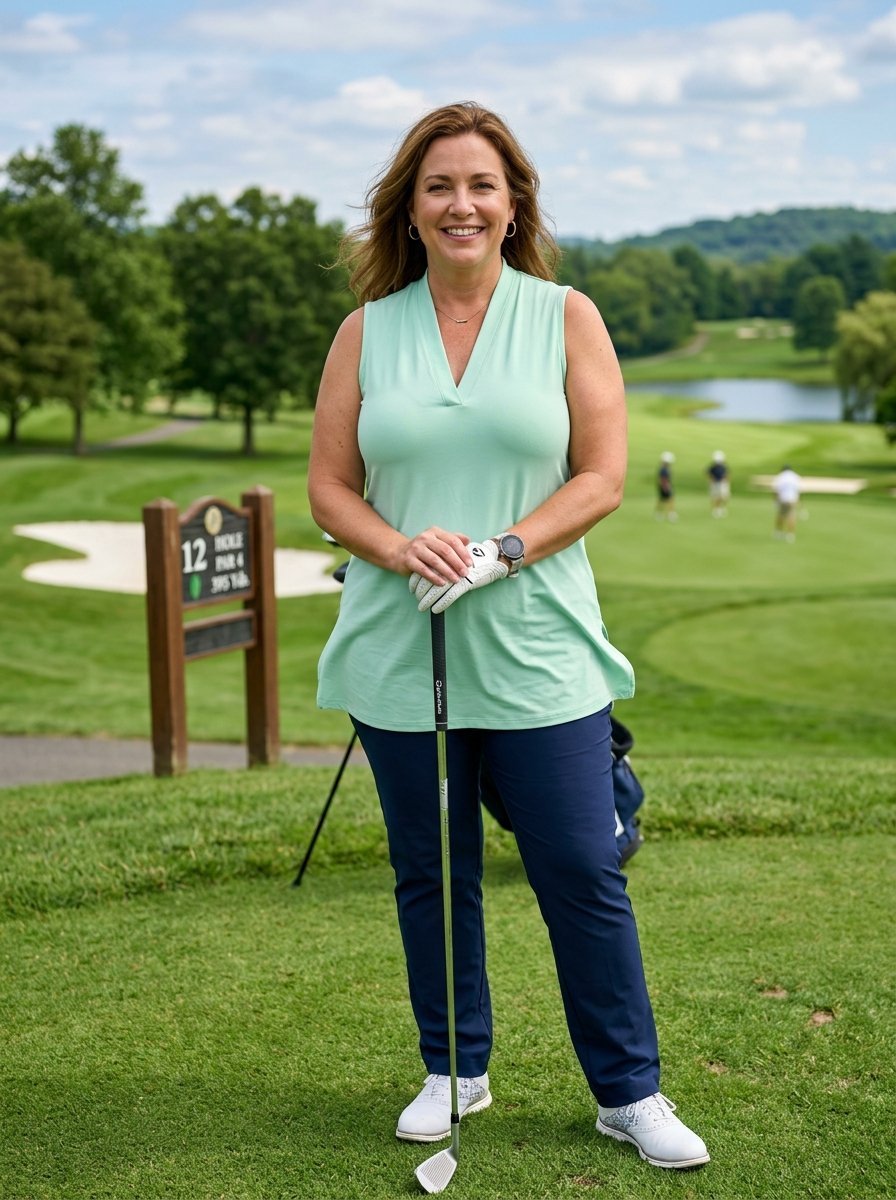 A smiling woman in a mint green shirt stands on a golf course holding a driver near the 12th hole tee box.