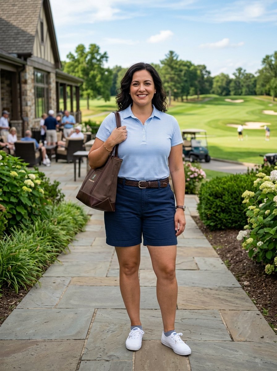 A woman in a blue striped polo and navy shorts poses on a stone walkway at a golf course.
