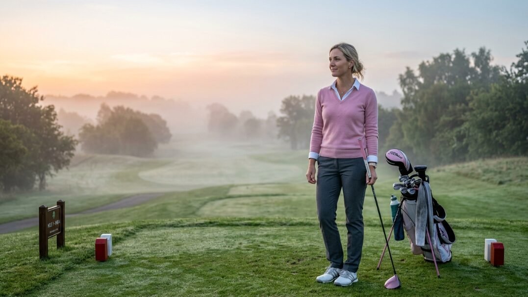 A blonde woman in a pink sweater and grey trousers holds a golf club on a misty green fairway at sunrise.