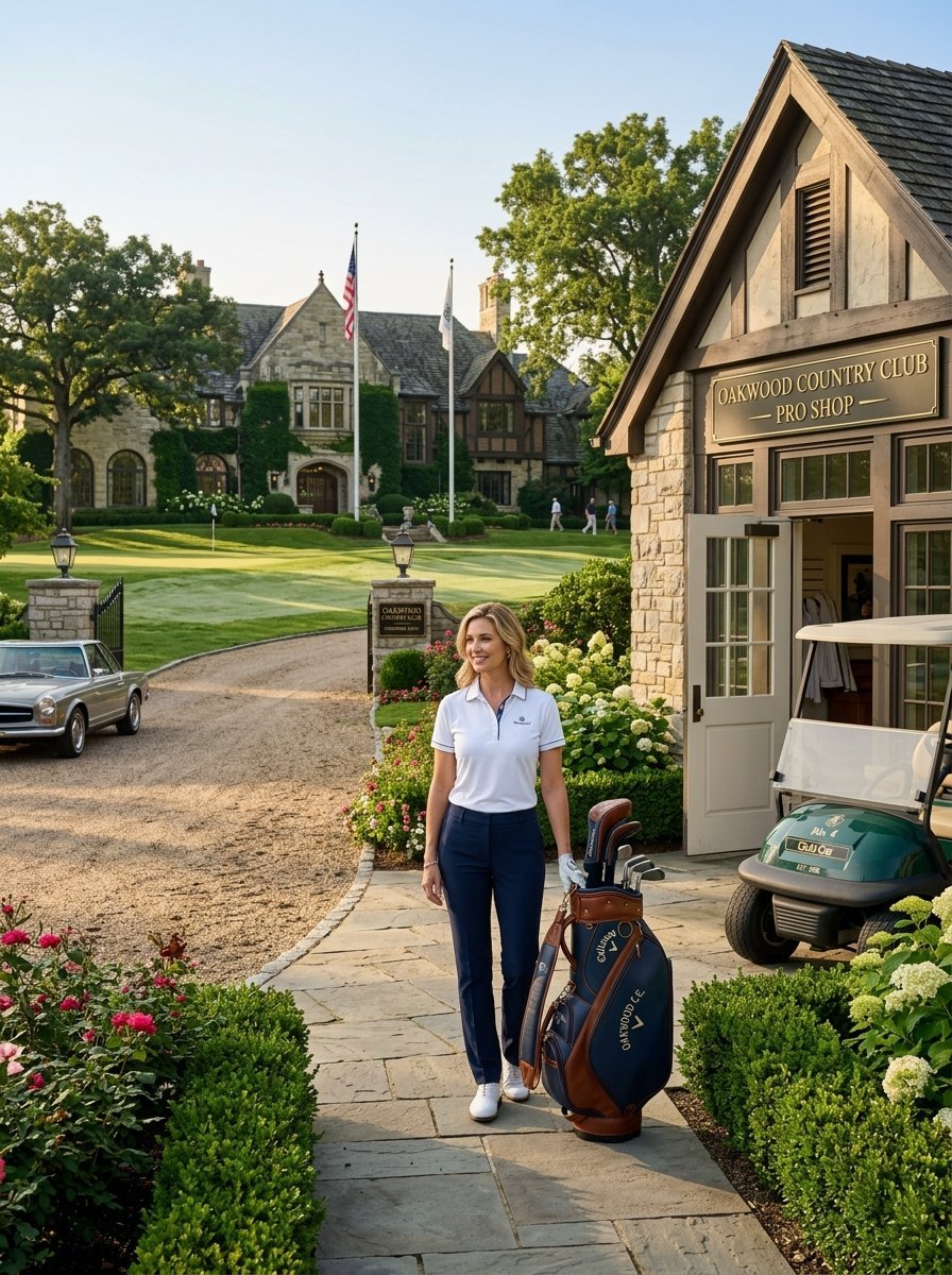 A woman in golf attire holding a bag of clubs on a stone path in front of a country club clubhouse.