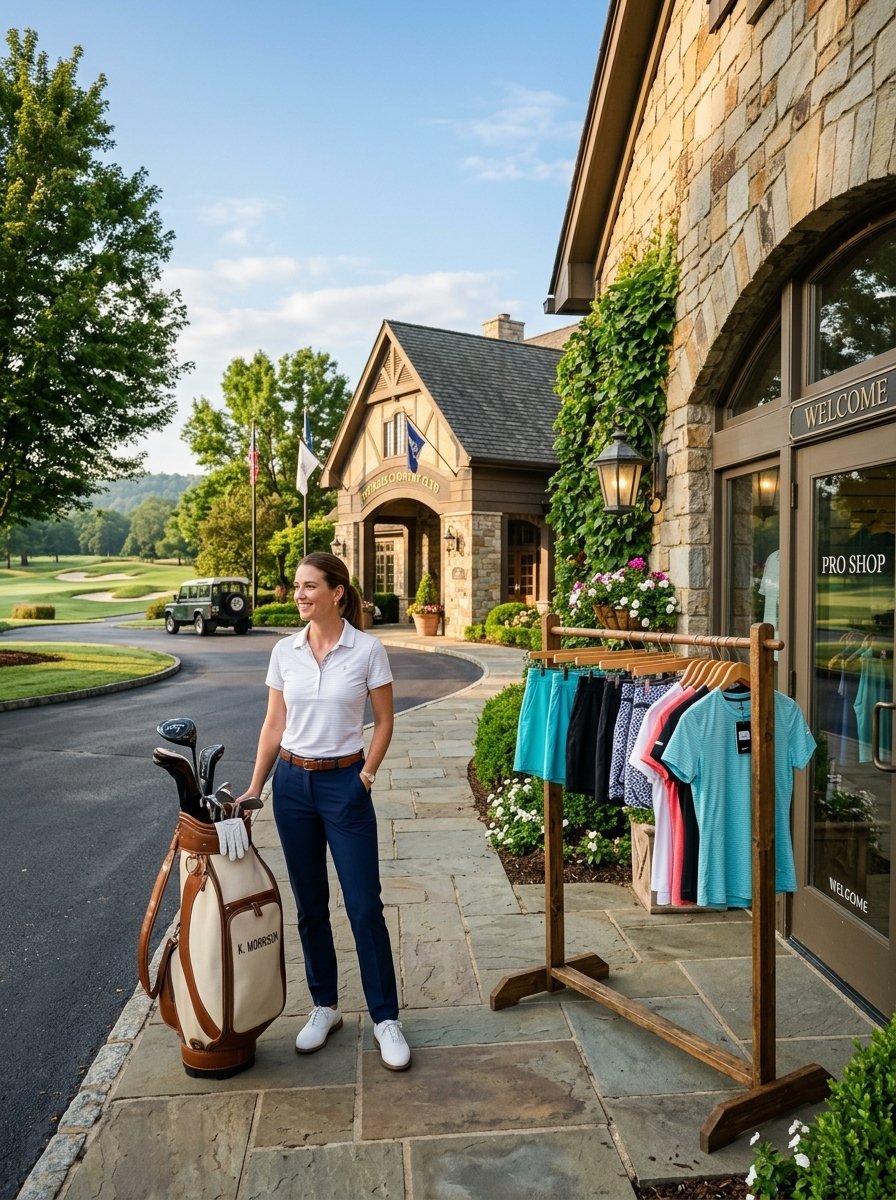 Smiling woman holding a leather golf bag on a stone patio outside a clubhouse with a clothing rack.