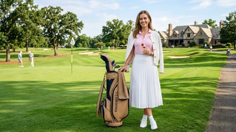 A golfer in a white pleated skirt and pink polo standing next to a Pinehurst golf bag on the green.