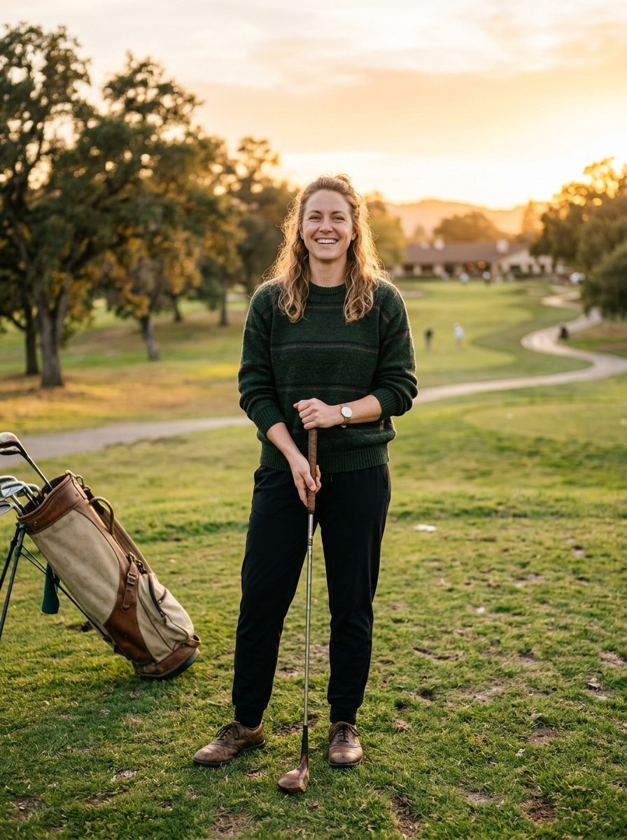 A smiling woman in a dark green sweater standing on a golf course with a vintage canvas golf bag nearby.