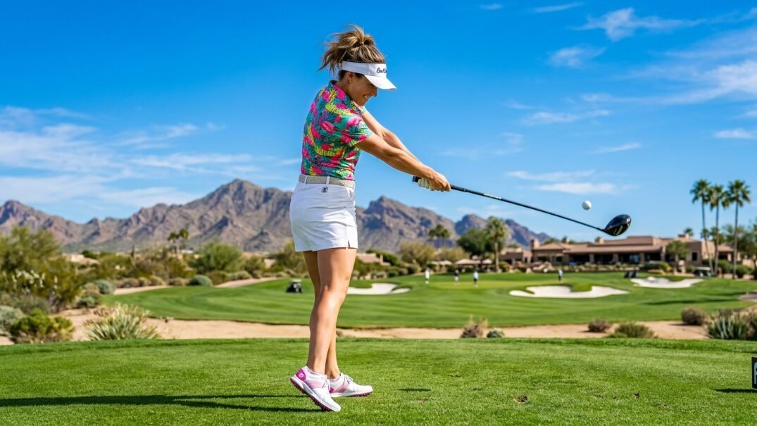 A woman wearing a vibrant patterned shirt hits a golf ball on a desert course with mountains in the distance.