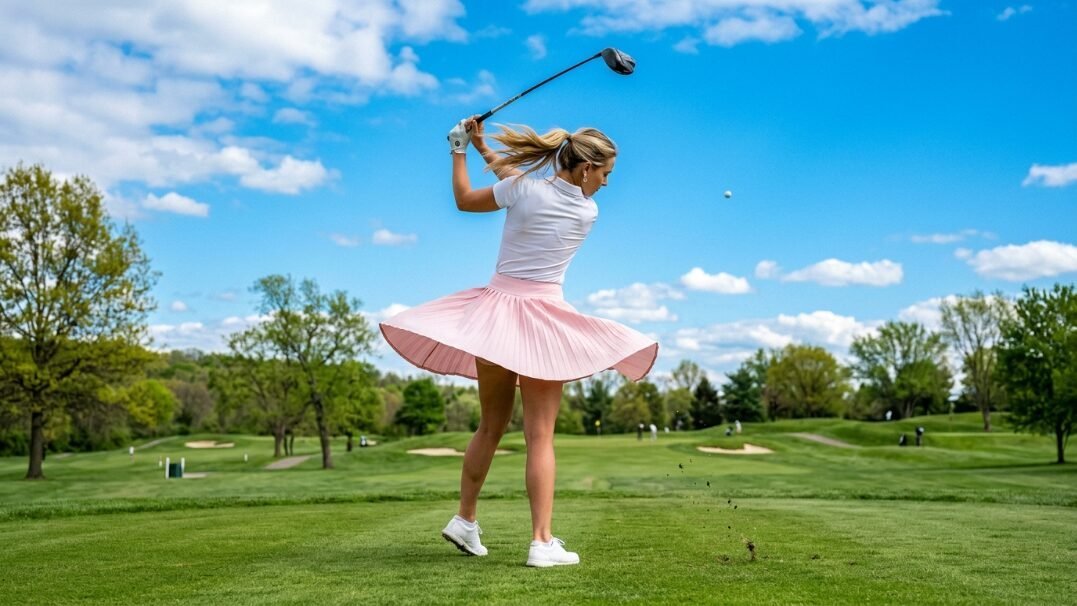A blonde golfer with a spinning pink skirt follows through on a swing on a sunny green golf course.