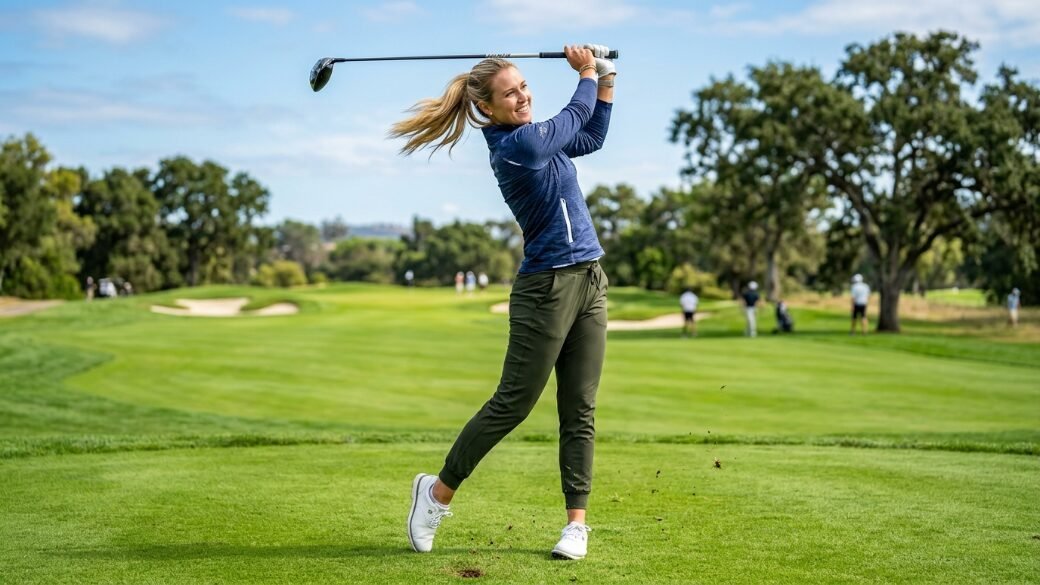 A blonde woman in a blue jacket and olive joggers completing a powerful golf swing on a green fairway.