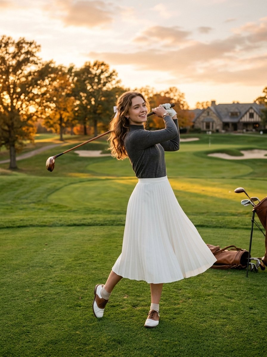 Female golfer in a grey top and white skirt following through with her golf swing on a course at sunset.