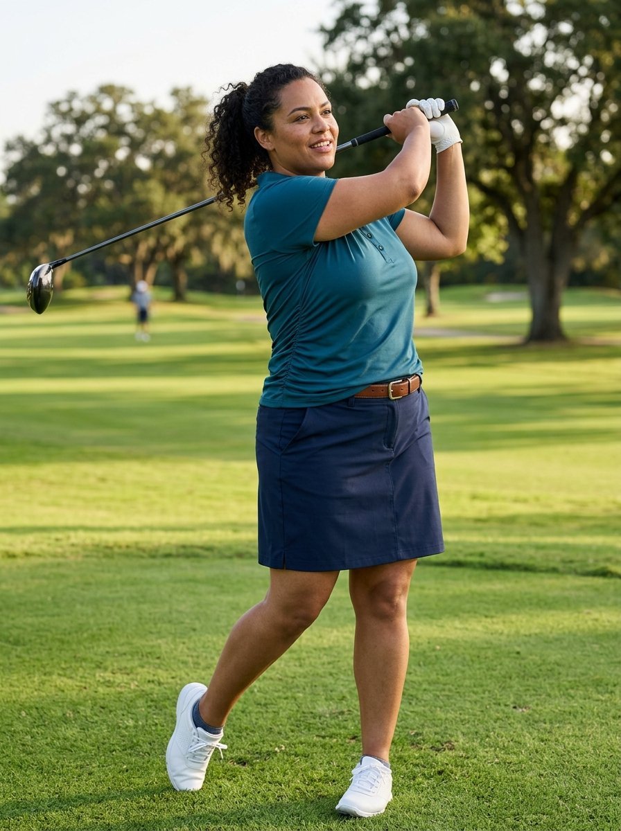 A smiling woman with curly hair follows through on a golf swing at a lush green outdoor course.