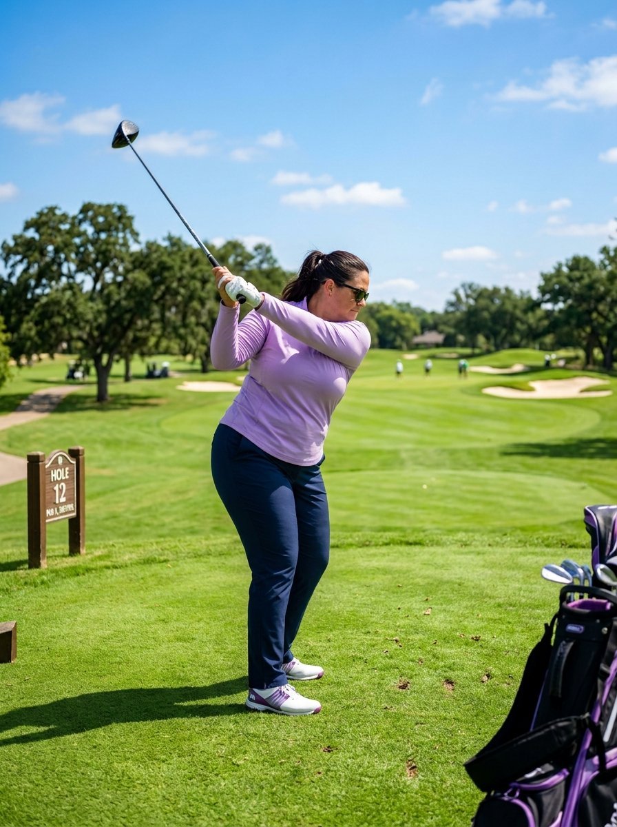 A woman in a lilac long-sleeve shirt and sunglasses mid-swing with a driver on a lush green golf course.