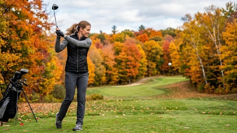 A woman in a black vest and grey pants follows through on a golf swing with fall foliage in the background.