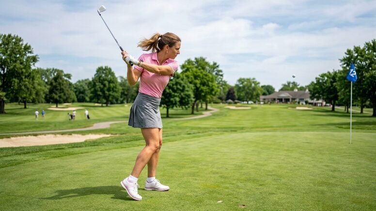 A woman in a pink polo and grey skirt performs a golf swing on a lush green course near the 12th hole flag.
