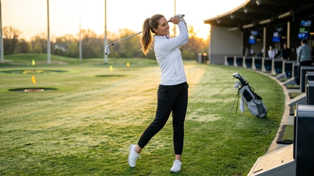 Young woman wearing a white jacket practicing golf swings at an outdoor driving range during golden hour.