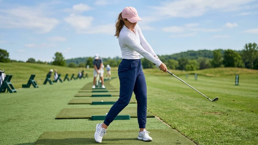 Female golfer in white shirt and blue joggers hitting a ball at an outdoor practice driving range.