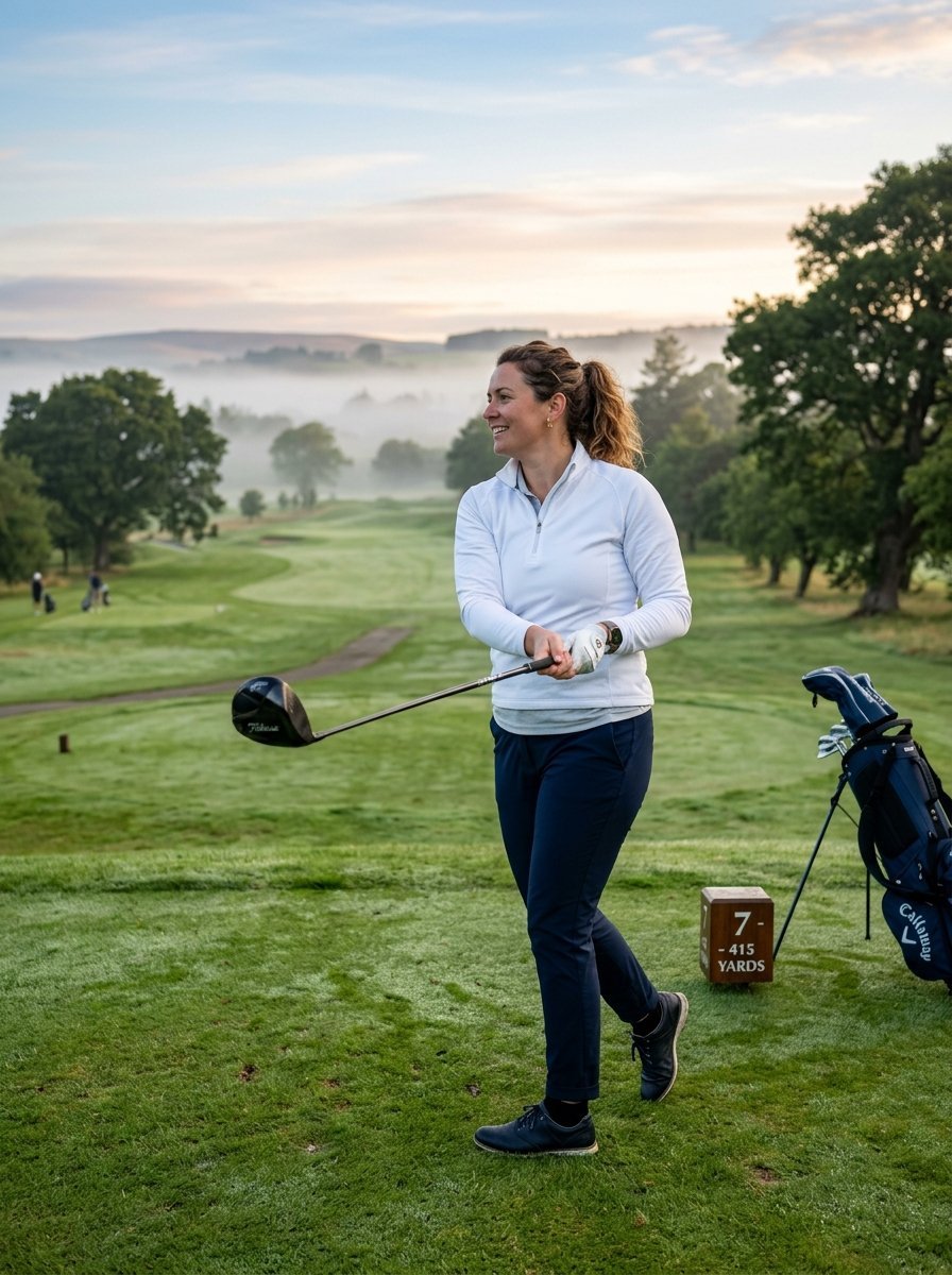 Golfer in white sweater swinging her club on a foggy morning fairway.