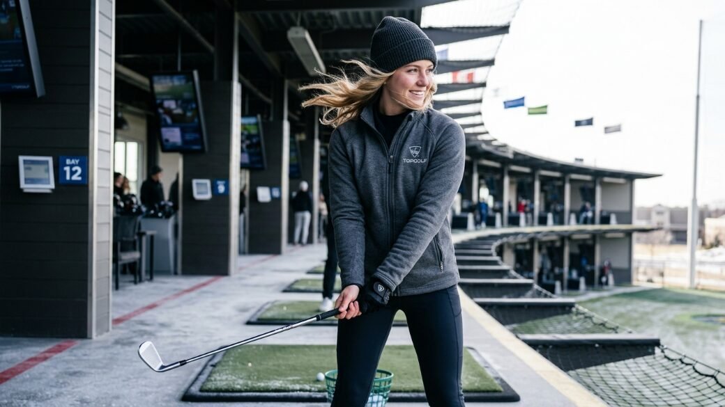 Female golfer wearing a beanie holding a golf club at a Topgolf driving range bay.
