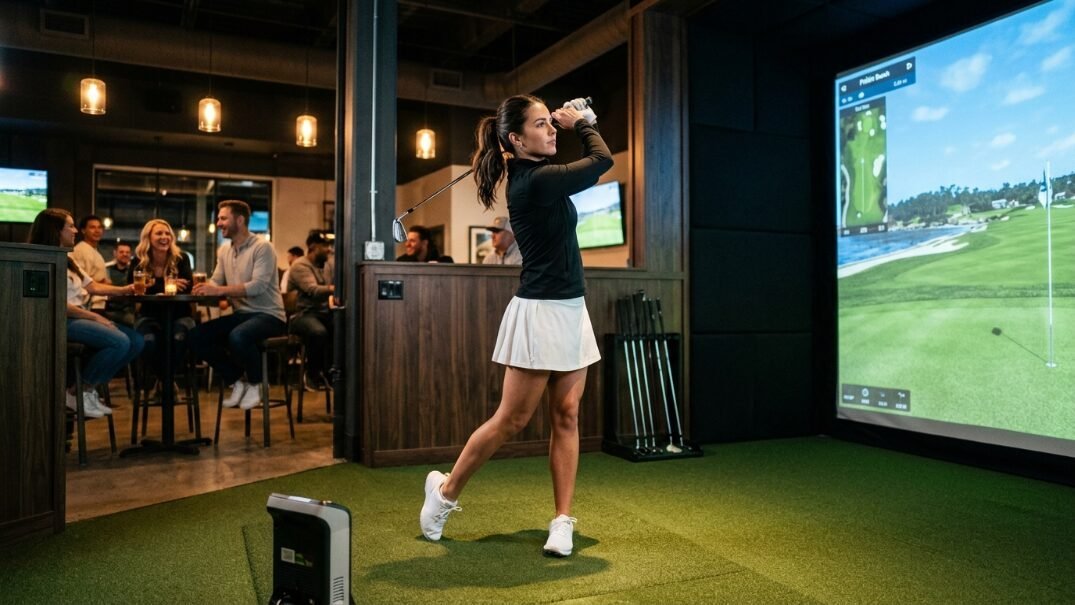 Young woman wearing a black top and white skirt swinging a golf club in a virtual simulator lounge with people behind.