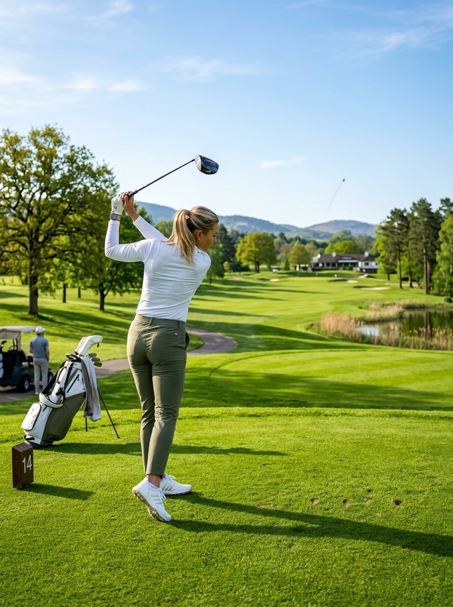 Golfer in white shirt and olive pants hitting a golf ball with a driver on a lush green course.
