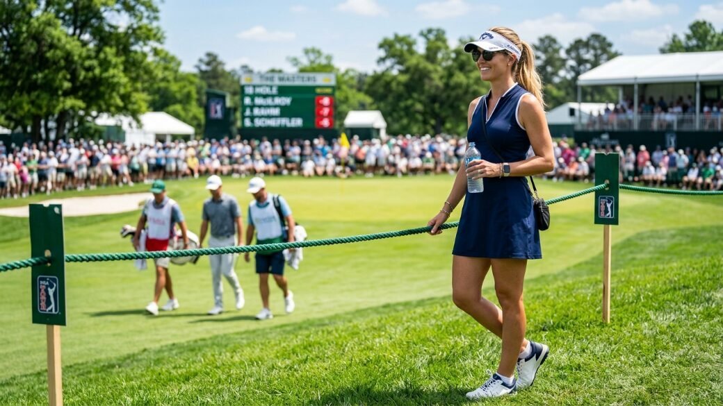 Blonde spectator wearing a blue dress and visor walking along a rope boundary at a professional golf tournament.