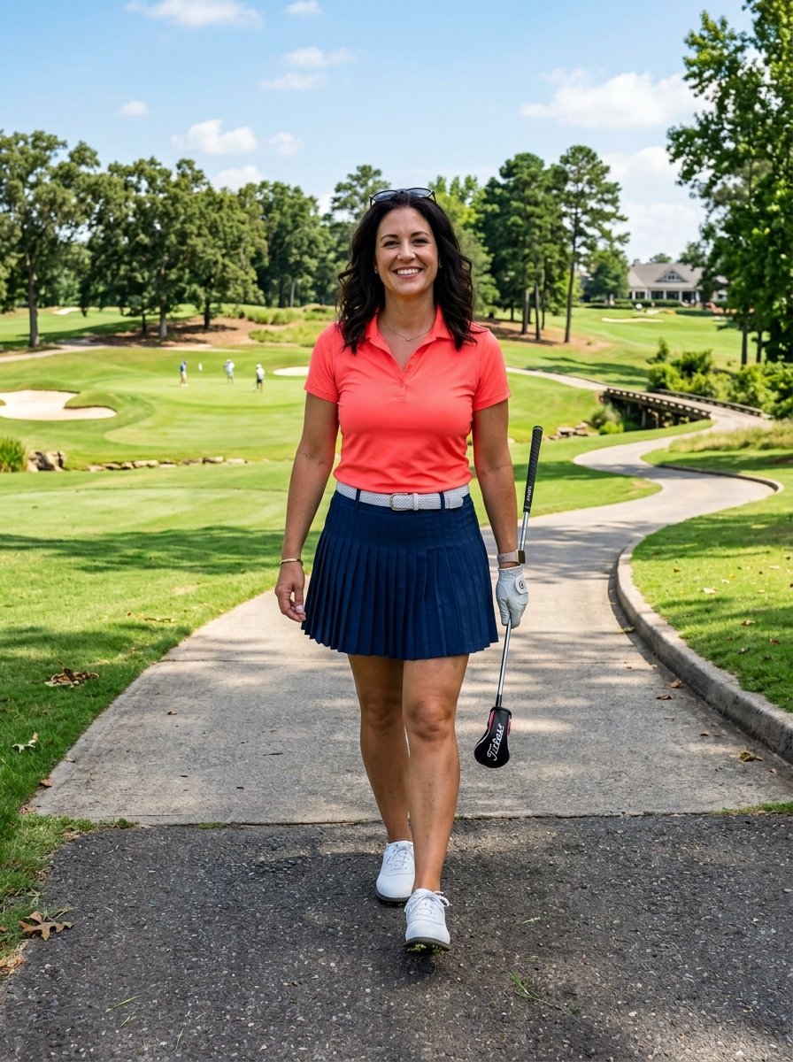 A woman in a coral shirt and navy pleated skirt carrying a golf club on a green course.