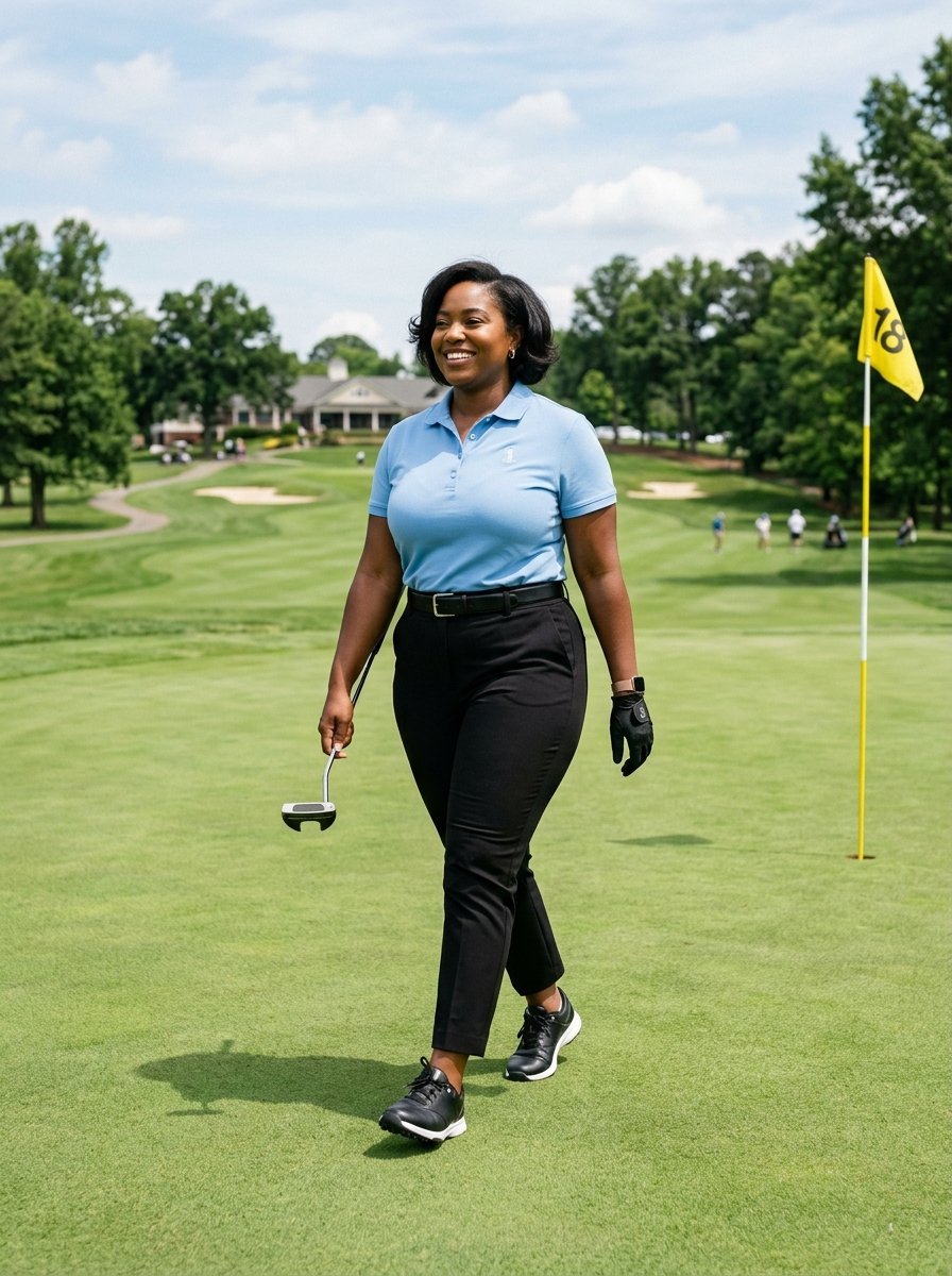 A smiling woman in a blue polo shirt walks with a putter on a golf course near the 18th hole flag.