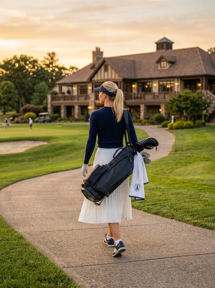Female golfer in a white pleated skirt walks along a paved path past a golf course clubhouse during sunset.