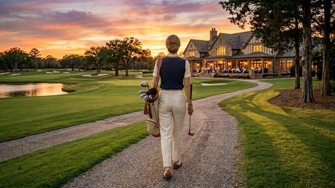 A woman in a sweater vest carries a golf bag down a gravel path at dusk near a large stone clubhouse.