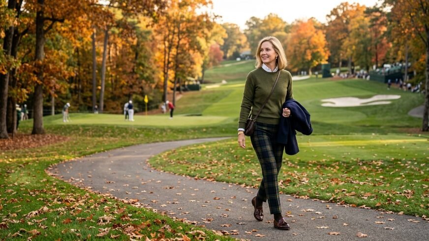 A blonde woman in a green sweater and plaid trousers walks on a path near a golf green surrounded by fall trees.